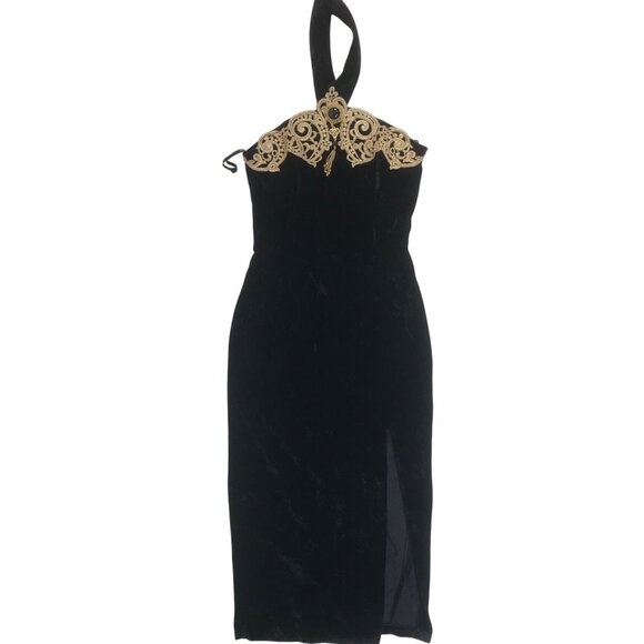 Vintage 90s Black Velvet Whimsygoth Romantic Gothic Halter Evening Prom Dress /6 - Picture 5 of 12
